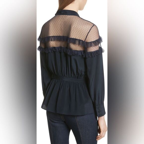 Cinq a Sept Peyton 100% Silk Blue Blouse Shirt Button Down Tie Neck Size M - Picture 3 of 14